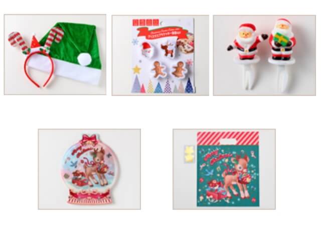 セリアクリスマスグッズ2020年新作・おうちパーティー(バンビ絵のバッグ、緑色のサンタ帽、サンタピック、クッキー型)