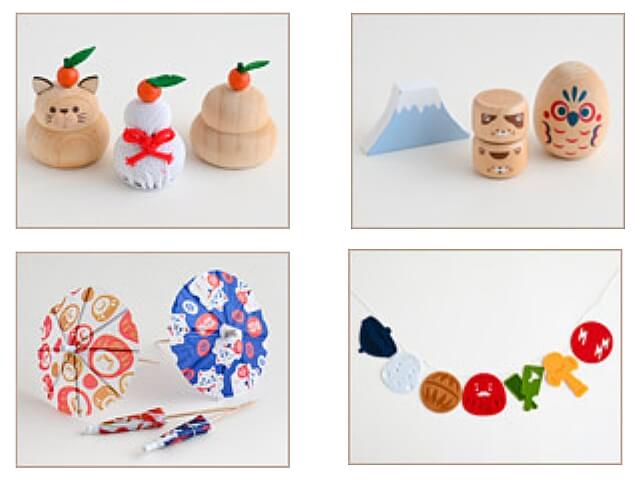 セリアお正月2025「木製鏡餅、木製オブジェ、笠ピック、新春フェルトガーランド」