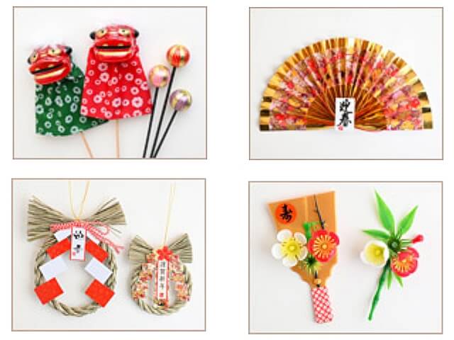 セリアお正月2025「獅子舞ピック、金色の扇子、ミニしめ縄飾り、お飾り羽子板」
