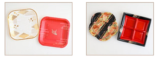 セリアお正月2025「金銀柄のペーパープレート・モダン和紋、梅型・雅柄仕切り皿」