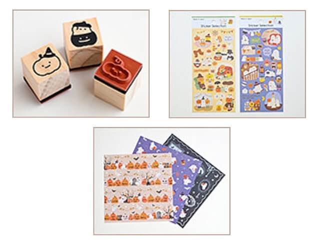 セリアハロウィン「かわいいスタンプ、デザインシール、パーティー用デザインペーパー」