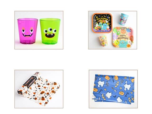 セリアハロウィンパーティー2024「モンスターコップ、モンスターペーパープレート＆カップ、マスカレードクッキングシート、テーブルクロス（ゆる柄）」