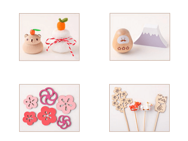 セリアお正月2024(木製鏡餅クマ、フェルト鏡餅、木製ミニオブジェ、ウッドチップパーツ梅、縁起物ピック)