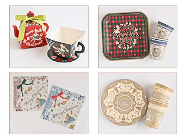 セリアクリスマス2023「ティーポットボックス、ペーパーカップ&プレート(ワンダーランドノエル・ノルディック)、ペーパーナプキン」