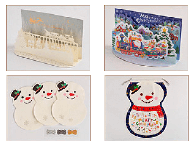 セリアクリスマス2023「クリスマスカード、ポップアップカード、ダイカットバッグ(スノーマンシール付き)、ソフトフィルムバッグ(スノーマン型)」