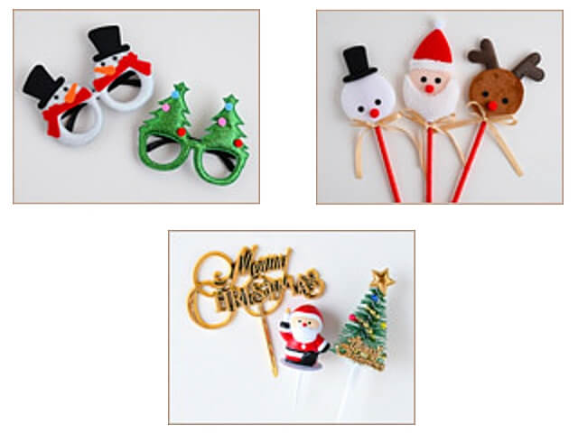 セリアクリスマスグッズ2024「雪だるま&ツリーパーティーメガネ、ノエルステッキ、デコレーションピック」