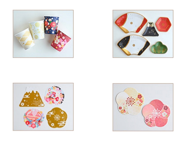 セリアお正月2026「はんなり和柄紙コップ・モダンデザイン取り皿・盛り付け、はなやかシート、和柄ペーパーコースター」