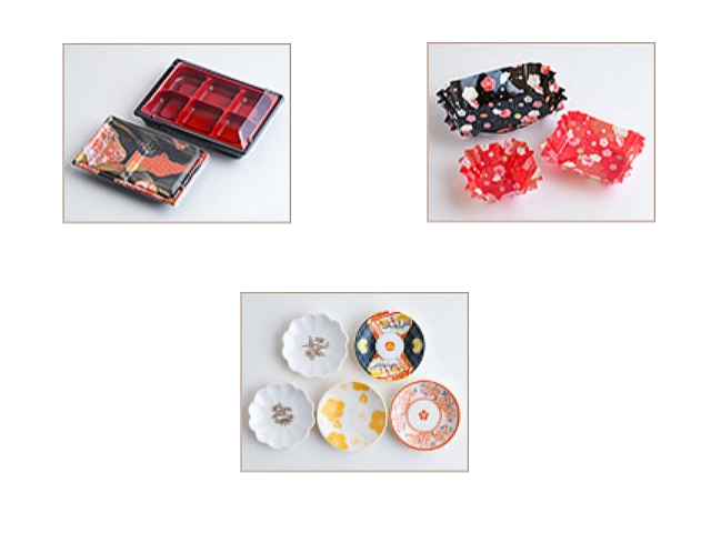 セリアお正月2026「フタ付き角皿、おめでたい絵柄のおかずカップ、豆皿」