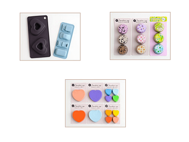 セリアバレンタイングッズ2026「ハート／車型のシリコンモールド、レトロデザインのチョコカップ、ハート型のチョコカップ」