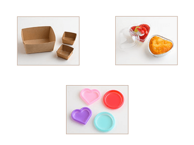 セリアバレンタイングッズ2026「キューブマフィンカップ／パウンドケーキトレイ、デザートクリアカップ（フタ付き）／ハートのアルミタイプパウンドケーキ型、ハート＆丸型のミニスイーツトレイ」